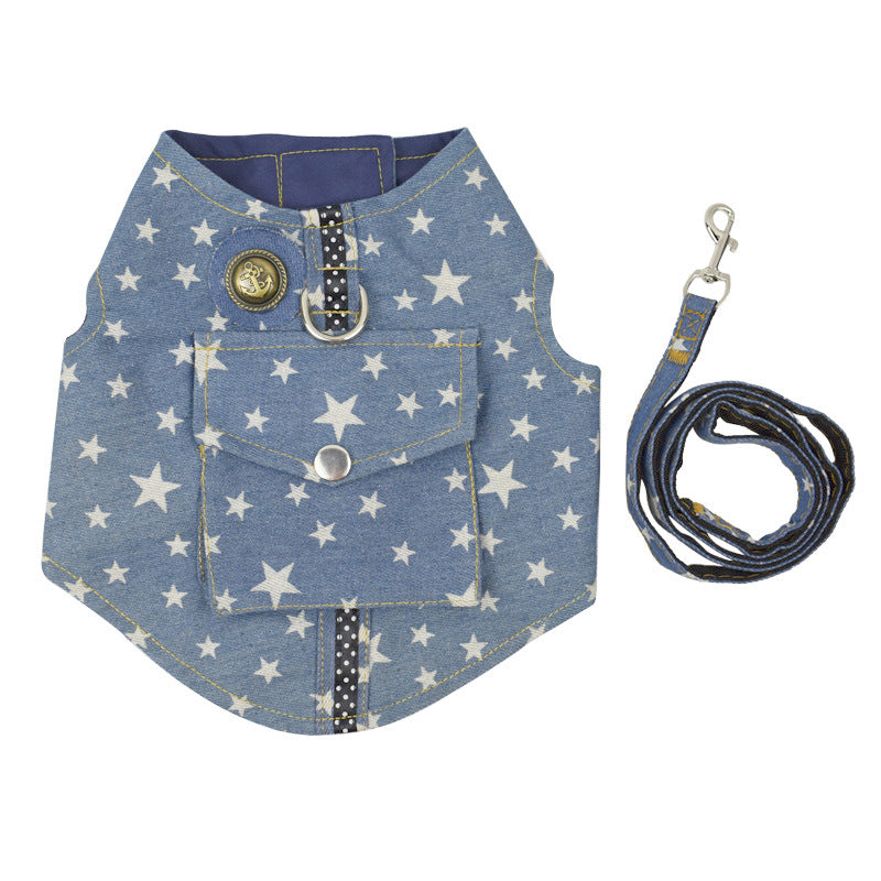 Denim Dog Vest Harness and Leash Set with Stars