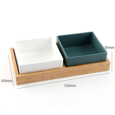 Square Colorful Ceramic Dog Cat Pet Feeding Bowl With Bamboo Tray