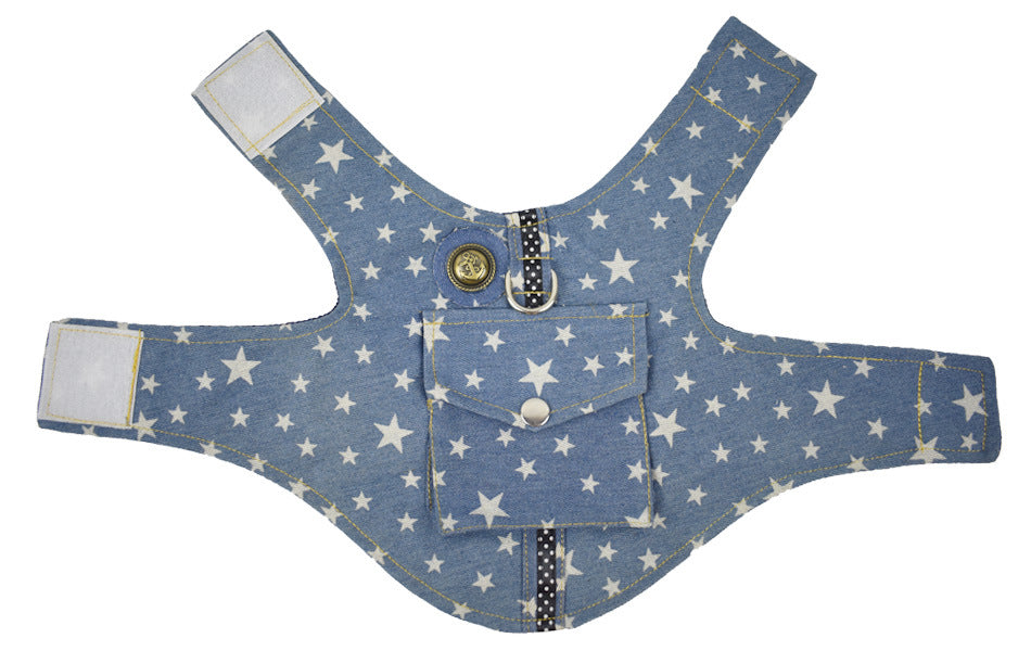 Denim Dog Vest Harness and Leash Set with Stars