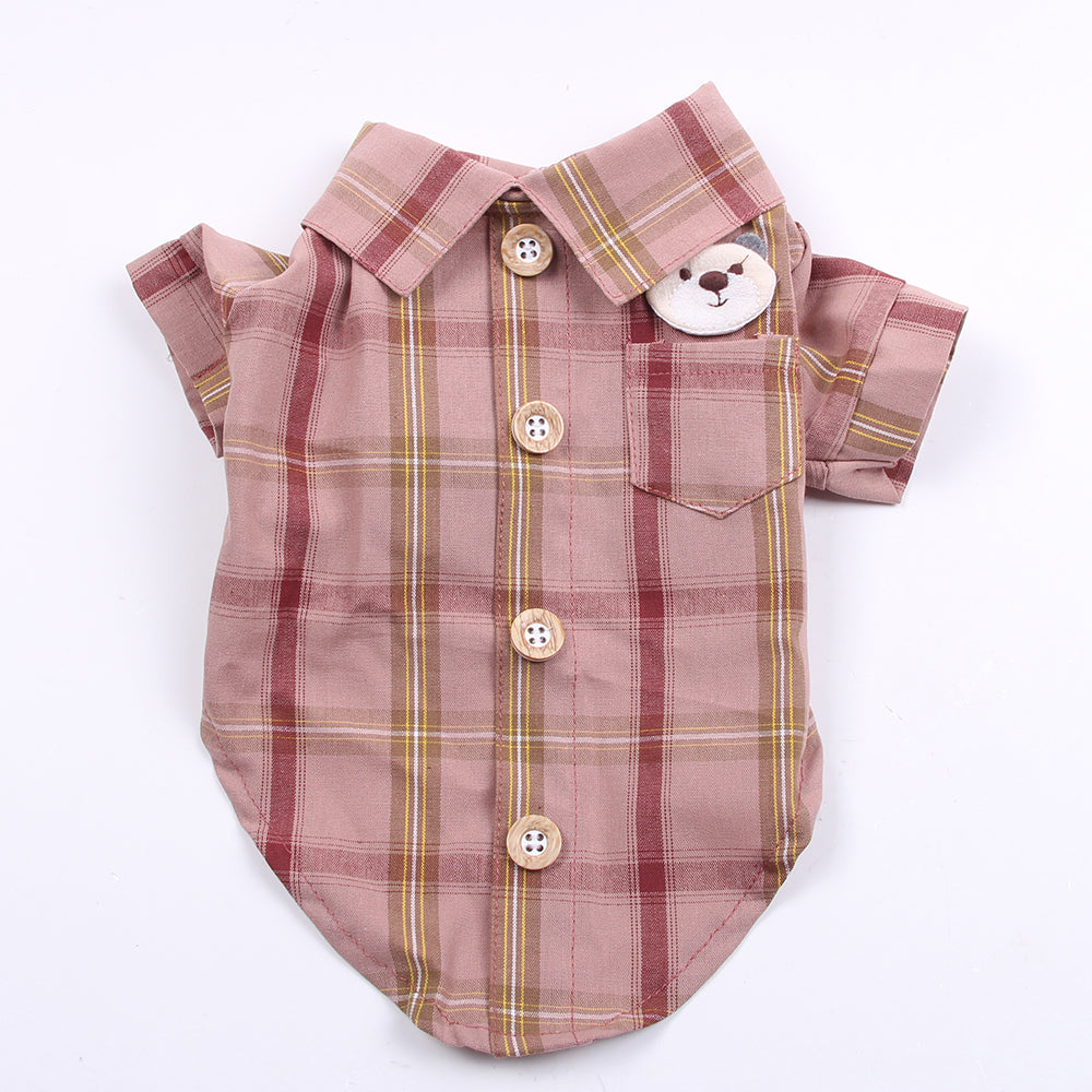 Bear Embroidery Plaid Shirts for Dogs, Cats with Button Down