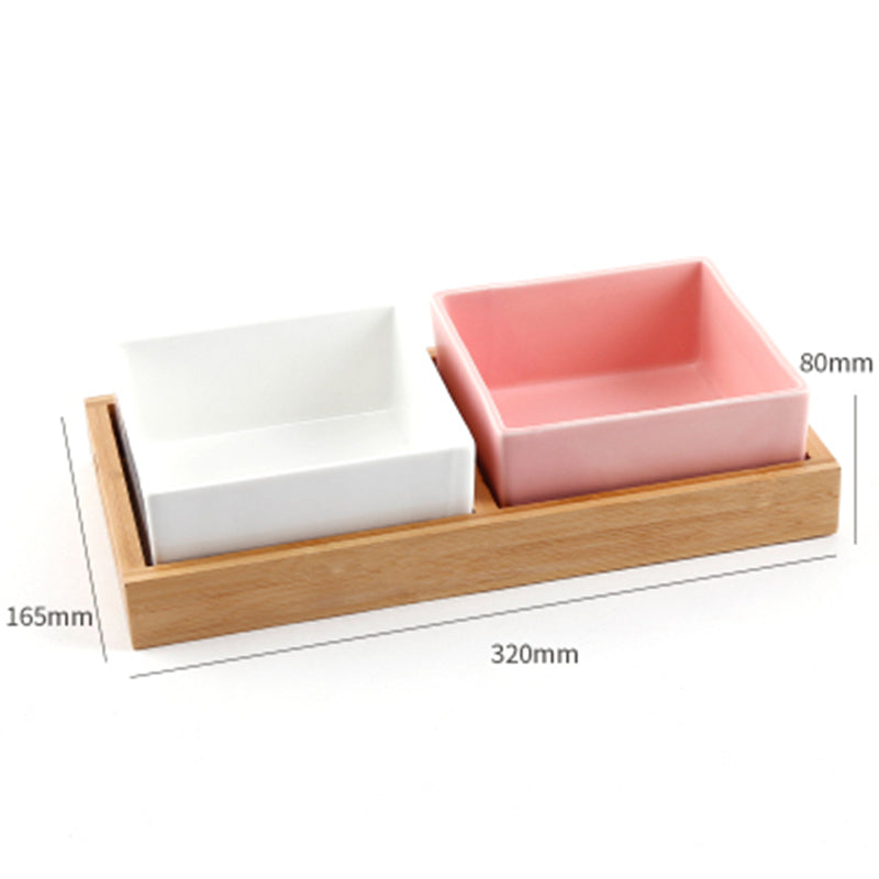 Square Colorful Ceramic Dog Cat Pet Feeding Bowl With Bamboo Tray