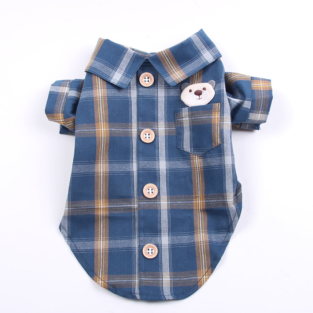 Bear Embroidery Plaid Shirts for Dogs, Cats with Button Down