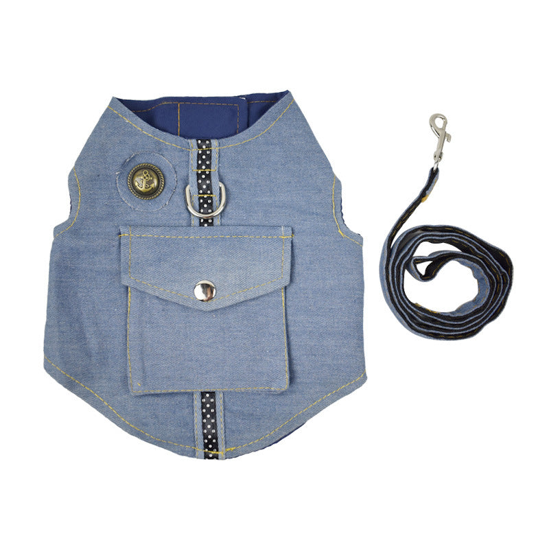 Denim Dog Vest Harness and Leash Set with Stars