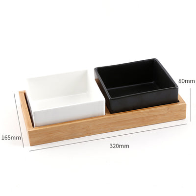 Square Colorful Ceramic Dog Cat Pet Feeding Bowl With Bamboo Tray