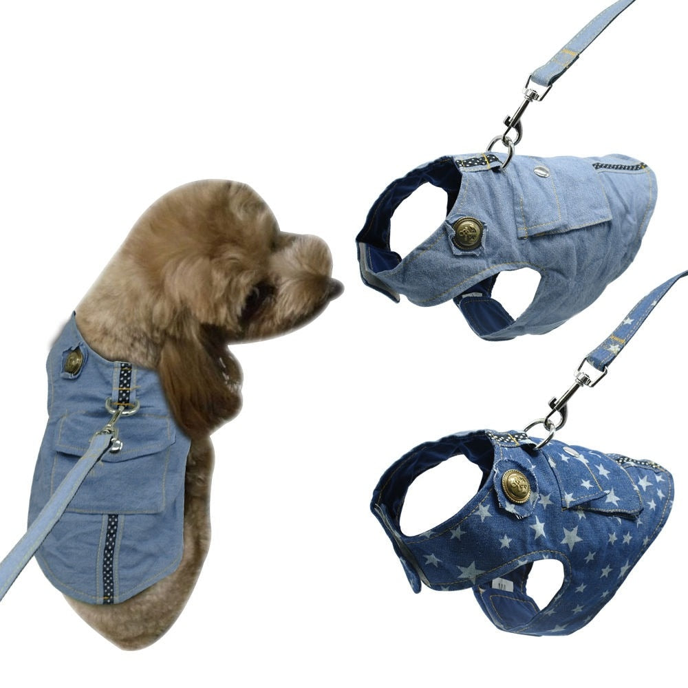 Denim Dog Vest Harness and Leash Set with Stars