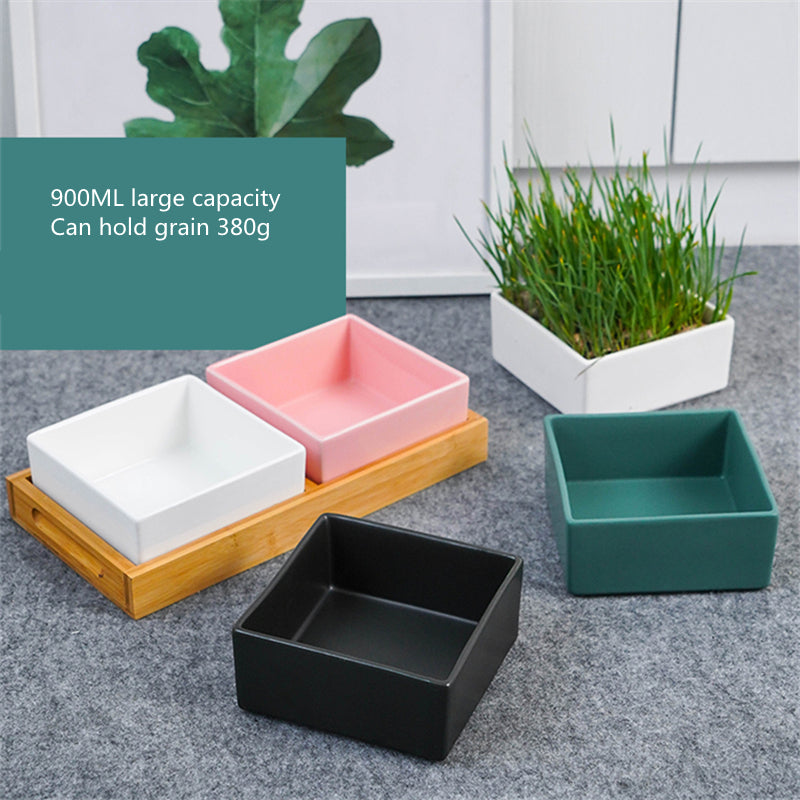 Square Colorful Ceramic Dog Cat Pet Feeding Bowl With Bamboo Tray