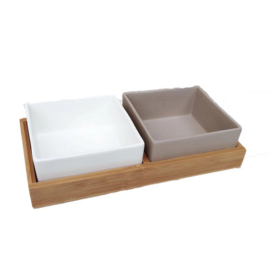 Square Colorful Ceramic Dog Cat Pet Feeding Bowl With Bamboo Tray