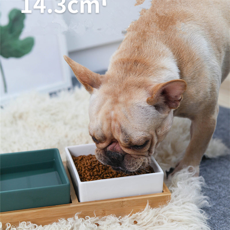 Square Colorful Ceramic Dog Cat Pet Feeding Bowl With Bamboo Tray