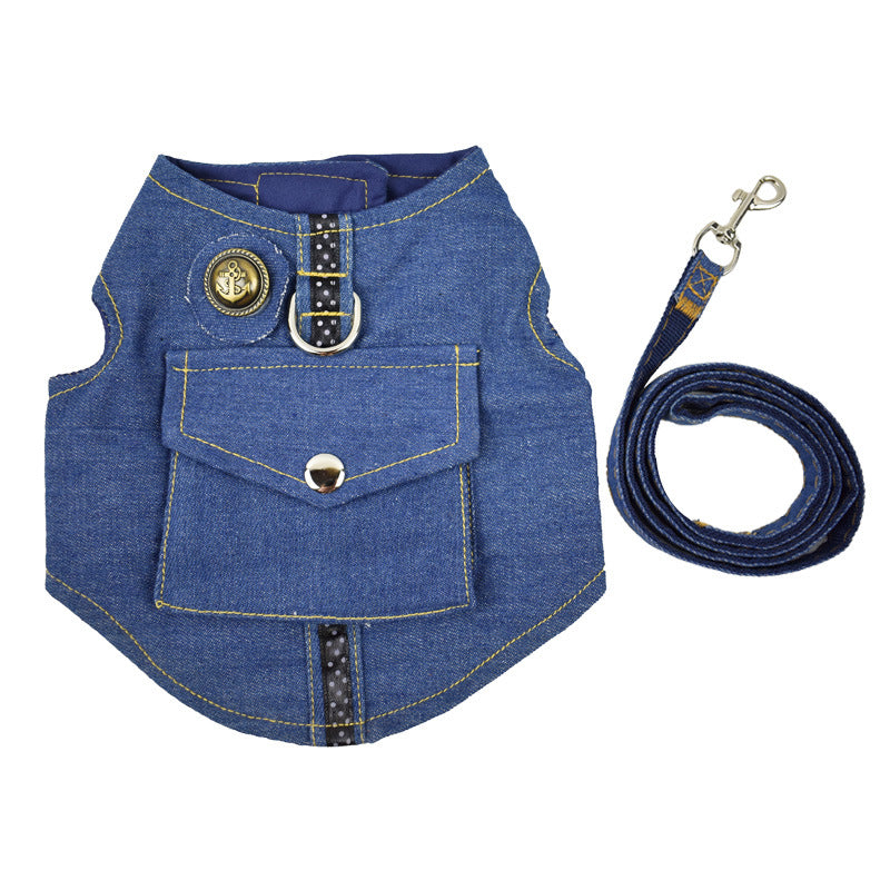 Denim Dog Vest Harness and Leash Set with Stars