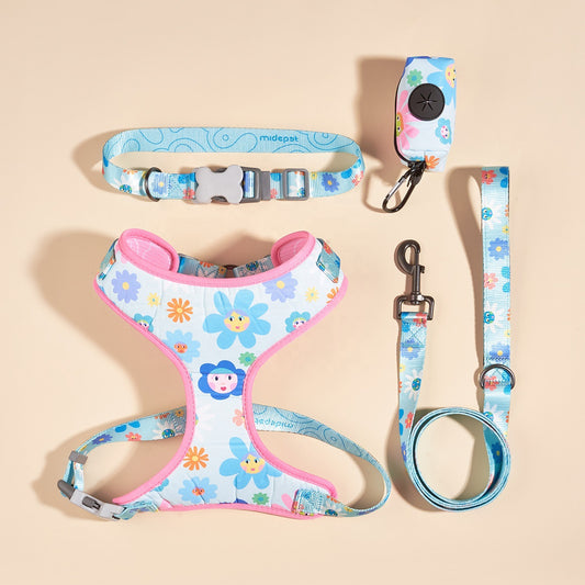 Lovely 7pcs Set Reflective Pet Harness, Collar, Tie and Leash