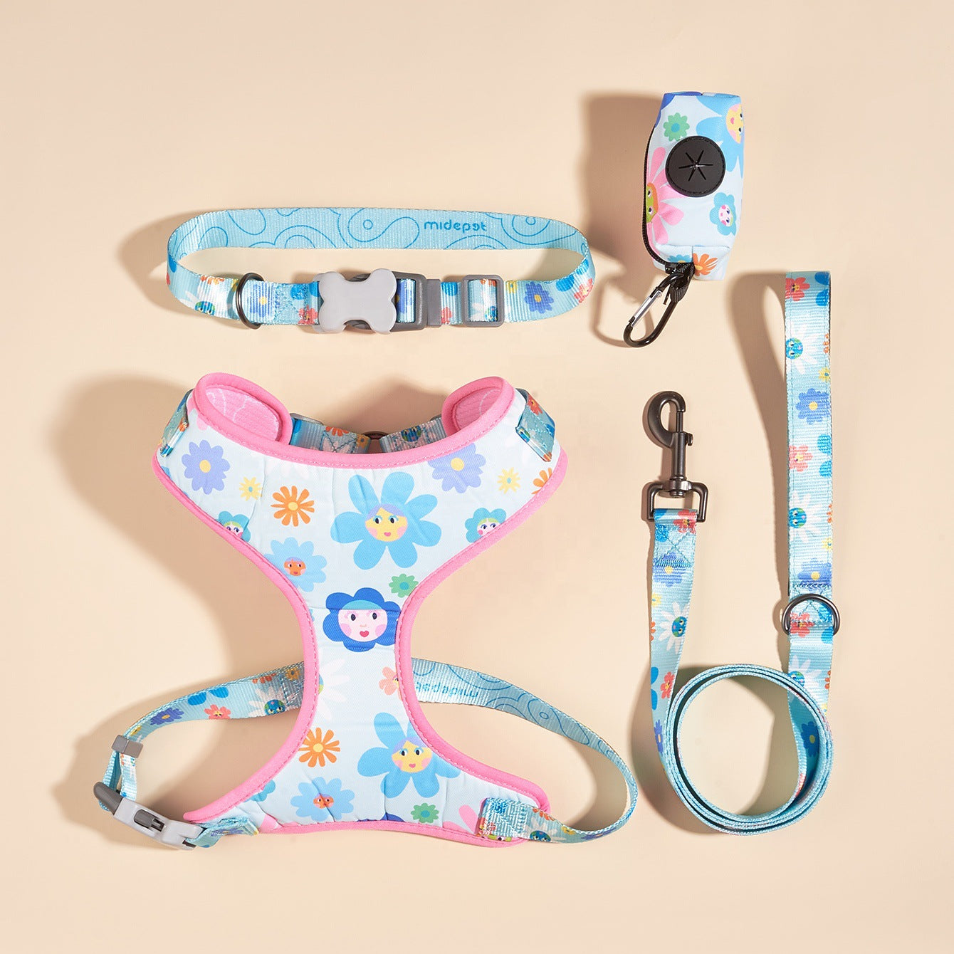 Lovely 7pcs Set Reflective Pet Harness, Collar, Tie and Leash